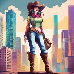 Create an awe-inspiring image of a giant cow girl standing over a vibrant cityscape