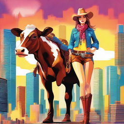 Create an awe-inspiring image of a giant cow girl standing over a vibrant cityscape