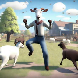 Create an image of a chaotic and glitchy boss fight from Goat Simulator 3 featuring a farmer