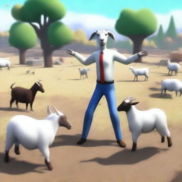 Create an image of a chaotic and glitchy boss fight from Goat Simulator 3 featuring a farmer