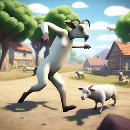 Create an image of a chaotic and glitchy boss fight from Goat Simulator 3 featuring a farmer