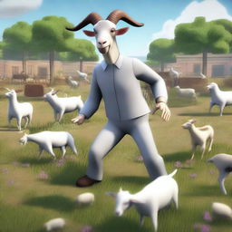 Create an image of a chaotic and glitchy boss fight from Goat Simulator 3 featuring a farmer