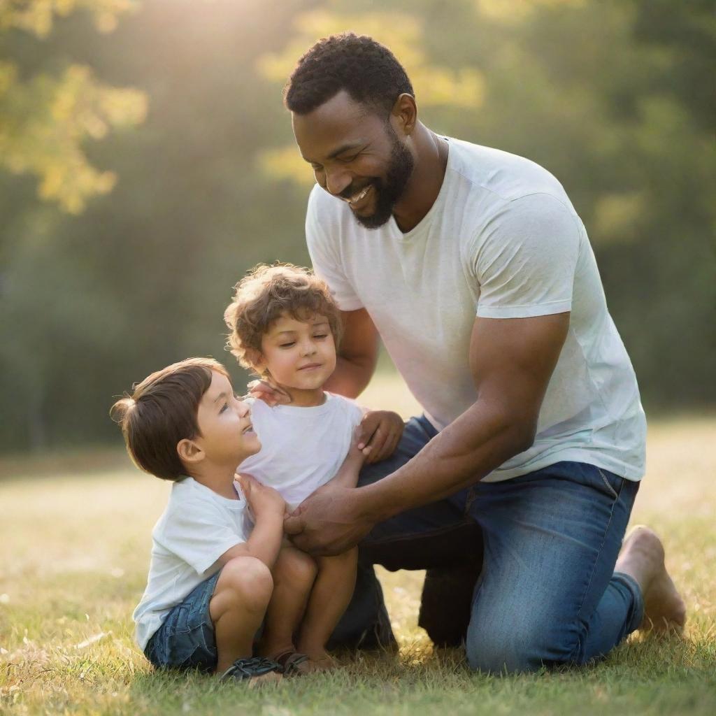 A loving father supporting and encouraging his children in their activities, radiating warmth, strength, and guidance