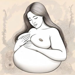 Create an image of a large motherly woman with gigantic breasts