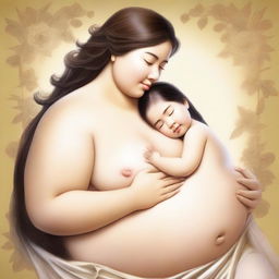 Create an image of a large motherly woman with gigantic breasts