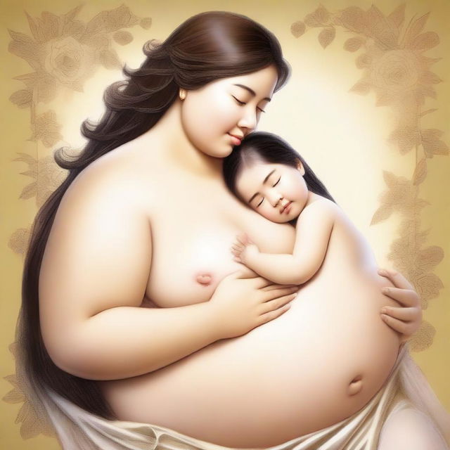 Create an image of a large motherly woman with gigantic breasts