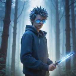 Anime-style artwork depicting a spiky-haired guy in a hoodie, blue glasses, and mask, wielding a sword amidst a forest infused with an enchanting bluish light