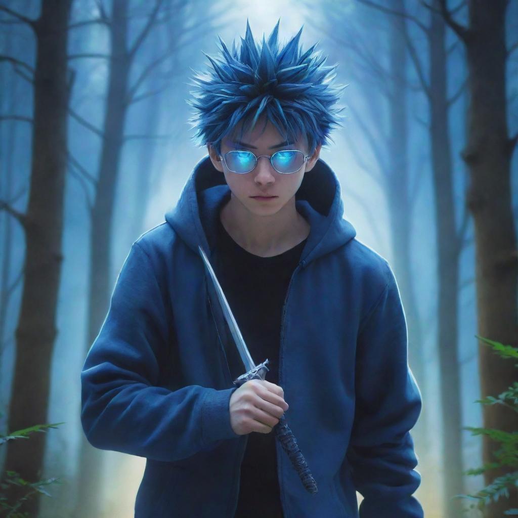 Anime-style artwork depicting a spiky-haired guy in a hoodie, blue glasses, and mask, wielding a sword amidst a forest infused with an enchanting bluish light