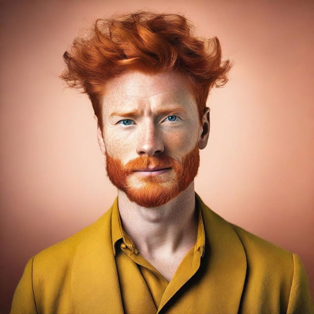 A striking image of a ginger-haired person with a confident and alluring expression, set against a warm, vibrant background