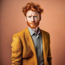 A striking image of a ginger-haired person with a confident and alluring expression, set against a warm, vibrant background