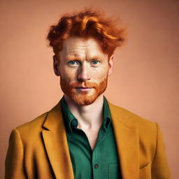 A striking image of a ginger-haired person with a confident and alluring expression, set against a warm, vibrant background