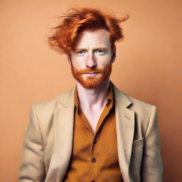 A striking image of a ginger-haired person with a confident and alluring expression, set against a warm, vibrant background