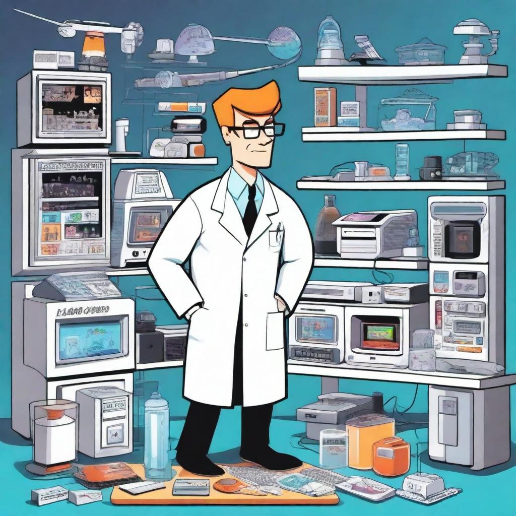 A detailed illustration of Dexter's Laboratory, featuring Dexter in his iconic white lab coat and gloves, surrounded by his high-tech gadgets and scientific equipment