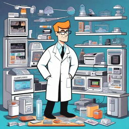 A detailed illustration of Dexter's Laboratory, featuring Dexter in his iconic white lab coat and gloves, surrounded by his high-tech gadgets and scientific equipment