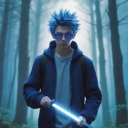 Anime-style artwork depicting a spiky-haired guy in a hoodie, blue glasses, and mask, wielding a sword amidst a forest infused with an enchanting bluish light