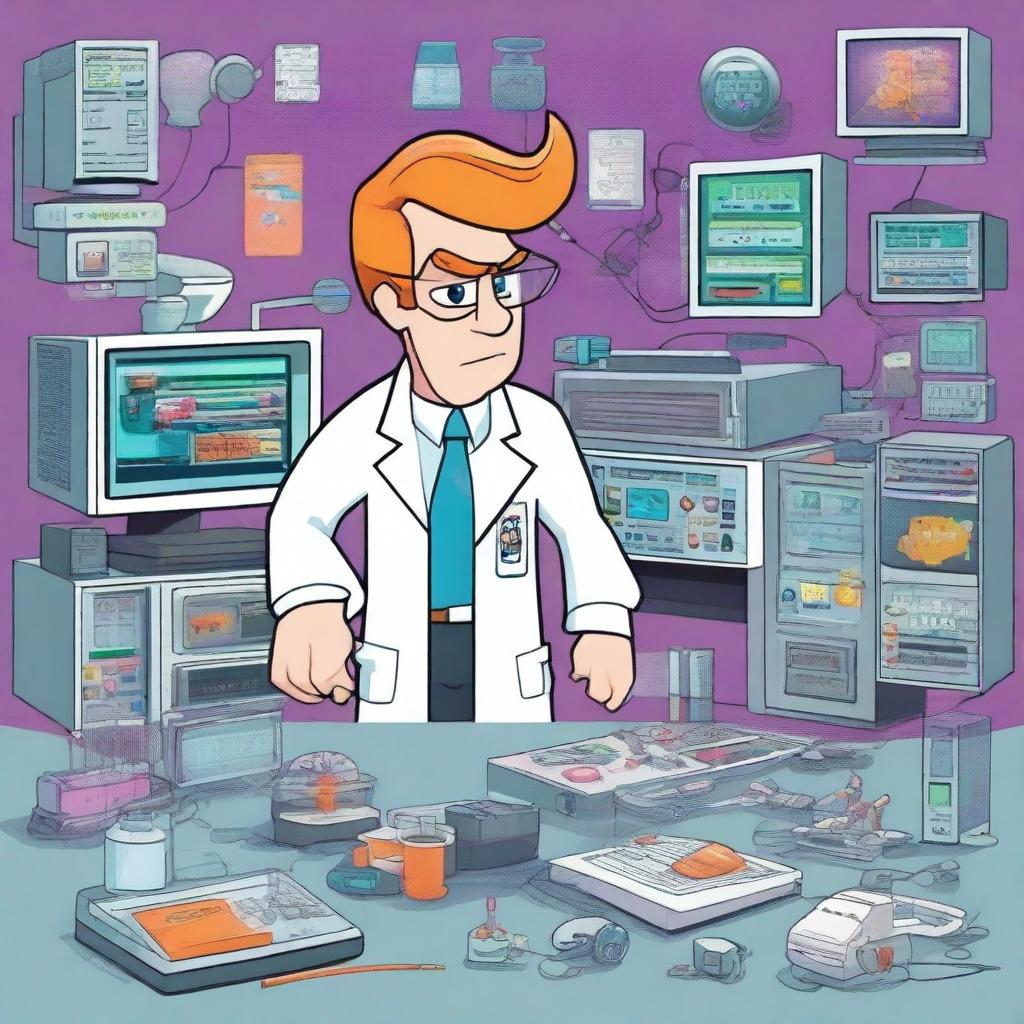 A detailed illustration of Dexter's Laboratory, featuring Dexter in his iconic white lab coat and gloves, surrounded by his high-tech gadgets and scientific equipment