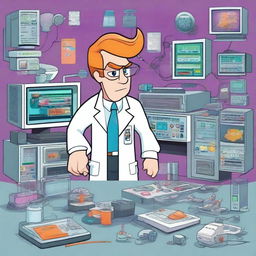 A detailed illustration of Dexter's Laboratory, featuring Dexter in his iconic white lab coat and gloves, surrounded by his high-tech gadgets and scientific equipment