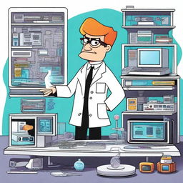 A detailed illustration of Dexter's Laboratory, featuring Dexter in his iconic white lab coat and gloves, surrounded by his high-tech gadgets and scientific equipment