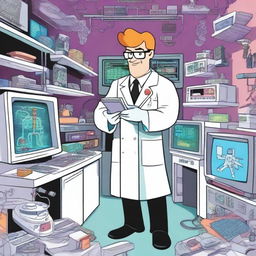 A detailed illustration of Dexter's Laboratory, featuring Dexter in his iconic white lab coat and gloves, surrounded by his high-tech gadgets and scientific equipment