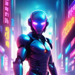 Create a movie poster featuring an AI character in a futuristic setting