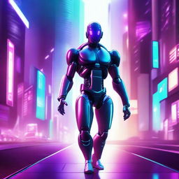 Create a movie poster featuring an AI character in a futuristic setting