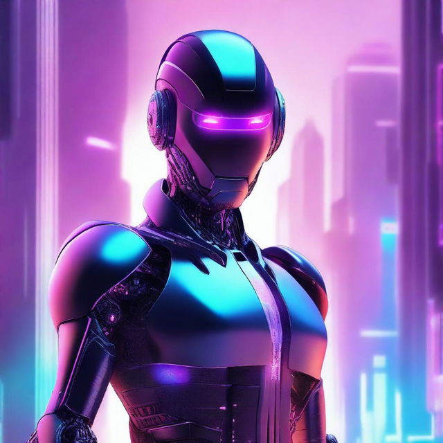 Create a movie poster featuring an AI character in a futuristic setting