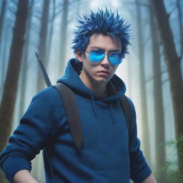 Anime-style artwork depicting a spiky-haired guy in a hoodie, blue glasses, and mask, wielding a sword amidst a forest infused with an enchanting bluish light