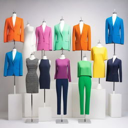 A diverse collection of modern clothing items displayed on mannequins