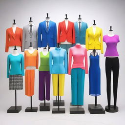 A diverse collection of modern clothing items displayed on mannequins