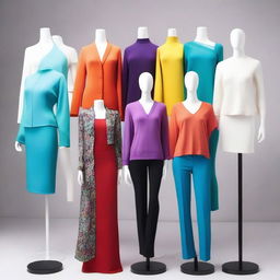 A diverse collection of modern clothing items displayed on mannequins