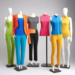 A diverse collection of modern clothing items displayed on mannequins