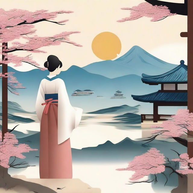 Create an image featuring a traditional Korean scene with cultural elements such as hanbok, Korean architecture, and a serene landscape