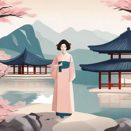 Create an image featuring a traditional Korean scene with cultural elements such as hanbok, Korean architecture, and a serene landscape