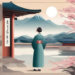 Create an image featuring a traditional Korean scene with cultural elements such as hanbok, Korean architecture, and a serene landscape