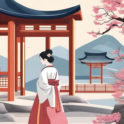 Create an image featuring a traditional Korean scene with cultural elements such as hanbok, Korean architecture, and a serene landscape