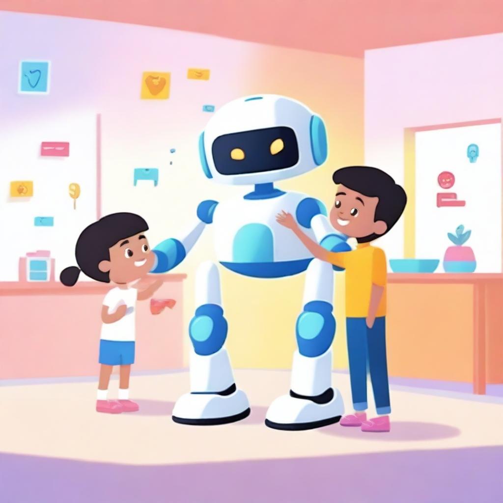 A friendly and helpful AI interacting with children in a playful and educational environment