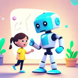 A friendly and helpful AI interacting with children in a playful and educational environment