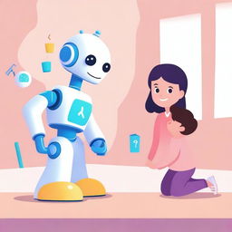 A friendly and helpful AI interacting with children in a playful and educational environment