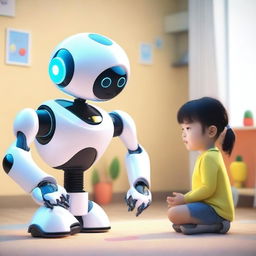 A friendly and helpful AI interacting with children in a playful and educational environment