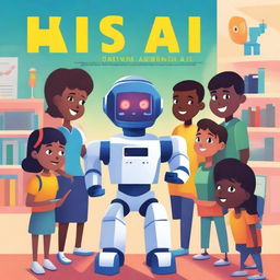 A vibrant and engaging book cover featuring a group of diverse kids interacting with a friendly AI robot