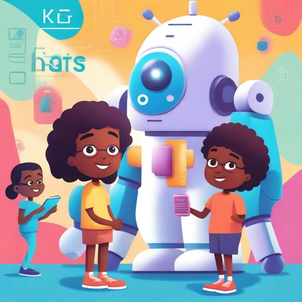 A vibrant and engaging book cover featuring a group of diverse kids interacting with a friendly AI robot