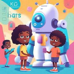 A vibrant and engaging book cover featuring a group of diverse kids interacting with a friendly AI robot