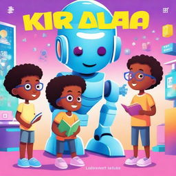 A vibrant and engaging book cover featuring a group of diverse kids interacting with a friendly AI robot