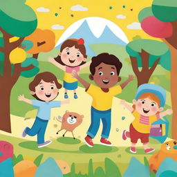 Create a fun and engaging image for kids featuring colorful characters and a playful background