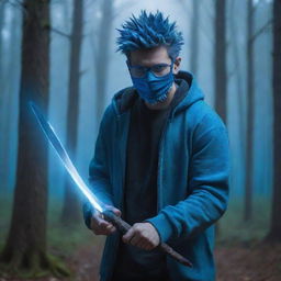 A cartoon image of a spiky-haired guy in a hoodie, wearing blue glasses and a mask, brandishing a sword in a forest aglow with a mystical bluish light