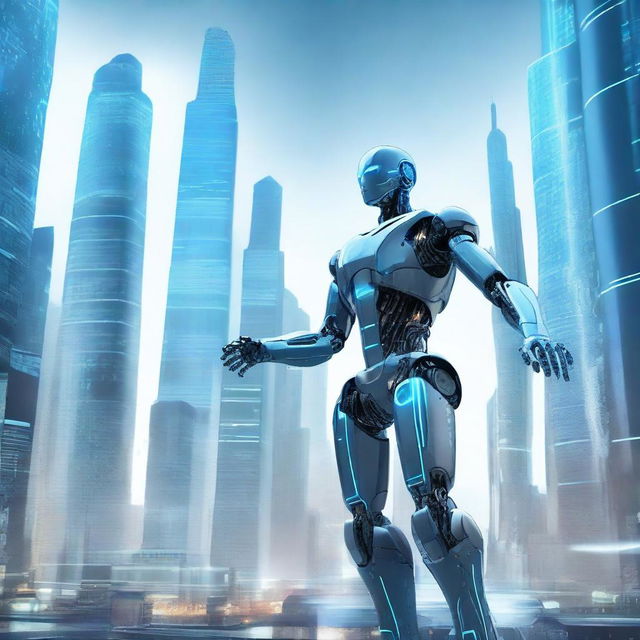 A futuristic depiction of artificial intelligence, featuring a sleek and advanced robot with glowing blue circuits, interacting with a holographic interface in a high-tech environment