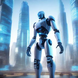 A futuristic depiction of artificial intelligence, featuring a sleek and advanced robot with glowing blue circuits, interacting with a holographic interface in a high-tech environment