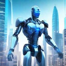 A futuristic depiction of artificial intelligence, featuring a sleek and advanced robot with glowing blue circuits, interacting with a holographic interface in a high-tech environment