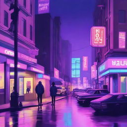 Create a digital painting for lofi music of a melancholy nighttime city intersection bathed in the soft glow of neon lights