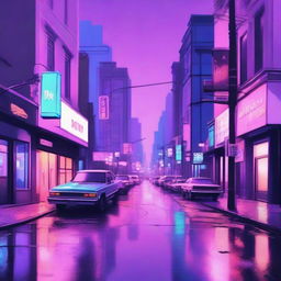 Create a digital painting for lofi music of a melancholy nighttime city intersection bathed in the soft glow of neon lights